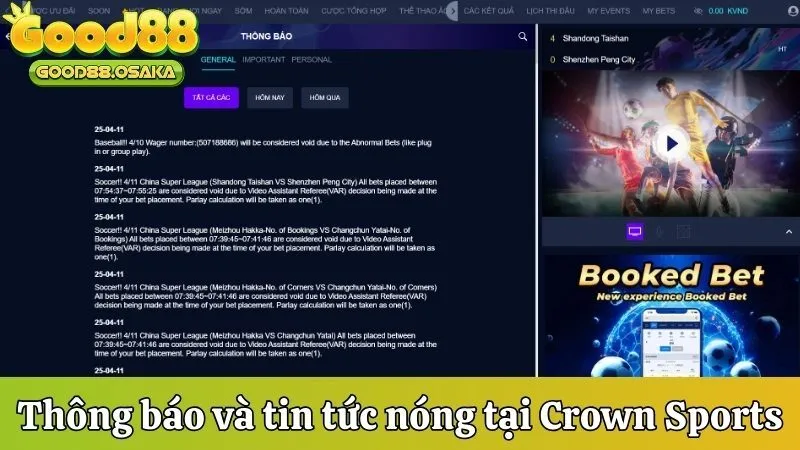 Thông báo và tin tức nóng tại Crown Sports